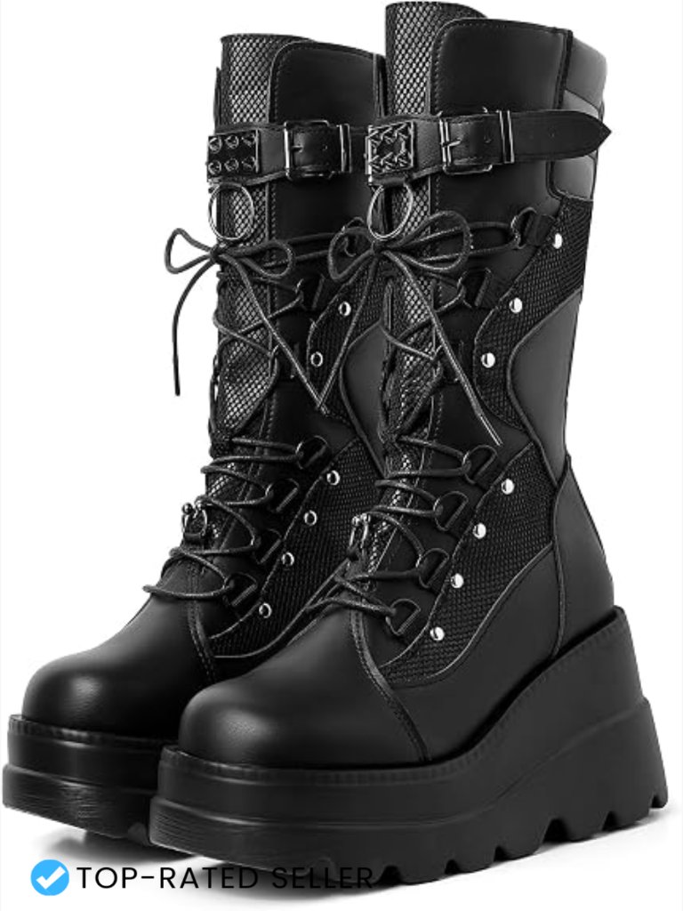 Combat Boots With Platform Wedge Heel Lace Up Studded Gothic Knee High